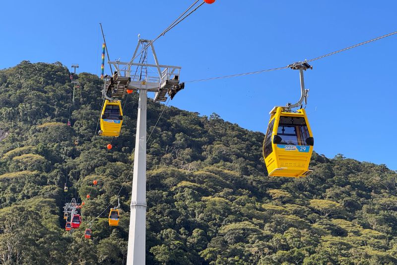 Bondinho do Parque Unipraias com vista aérea da Mata Atlântica e litoral